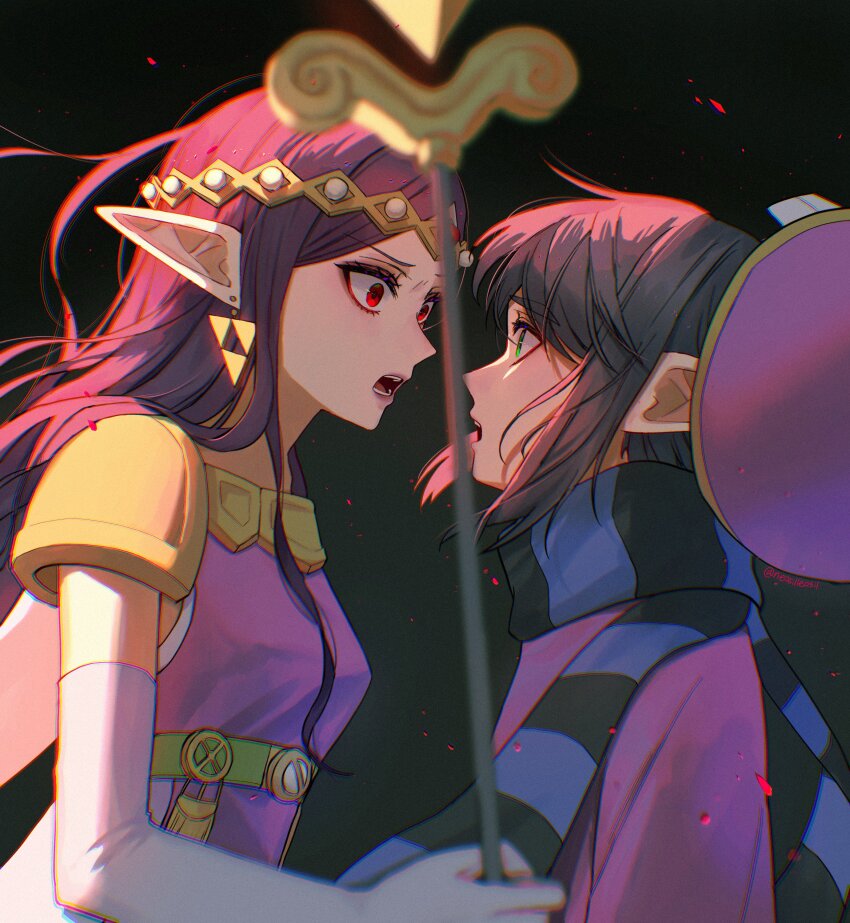 1boy 1girl absurdres armor black_background black_hair black_scarf blue_eyes blue_scarf dress earrings elbow_gloves eye_contact from_side gloves hashtag-only_commentary hat highres holding holding_staff jewelry long_hair looking_at_another neosilleosil nintendo open_mouth pauldrons pointy_ears princess princess_hilda purple_dress purple_hat purple_robe ravio red_eyes robe scarf short_hair shoulder_armor sidelighting sidelocks staff striped_clothes striped_scarf the_legend_of_zelda the_legend_of_zelda:_a_link_between_worlds tiara triforce two-tone_dress two-tone_scarf white_dress white_gloves