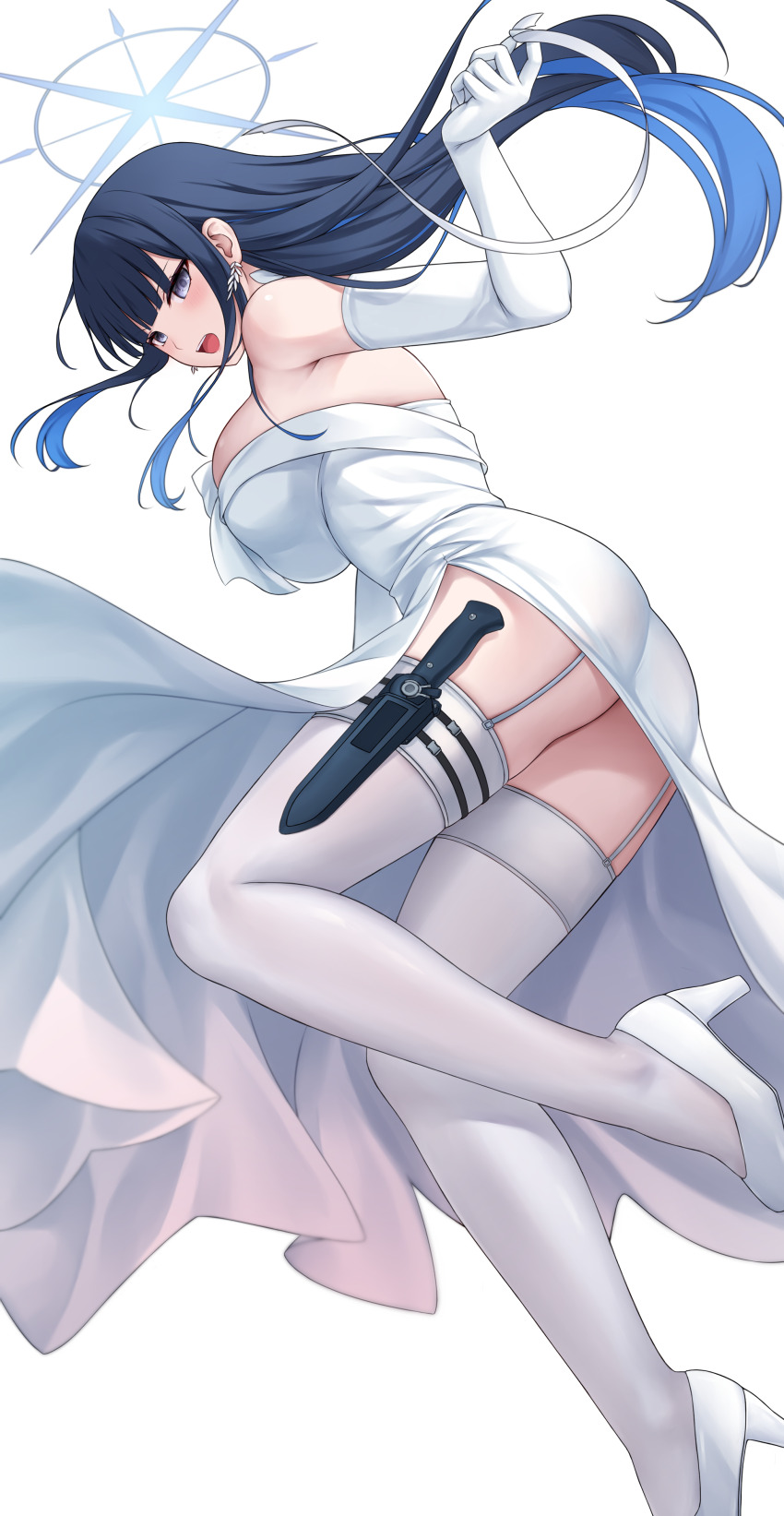 1girl absurdres black_hair blue_archive blue_halo blush breasts chien_zero colored_inner_hair commentary dress earrings elbow_gloves gloves grey_eyes halo high_heels highres jewelry large_breasts long_hair multicolored_hair official_alternate_costume open_mouth saori_(blue_archive) saori_(dress)_(blue_archive) simple_background solo strapless strapless_dress thighhighs white_background white_dress white_footwear white_gloves white_thighhighs