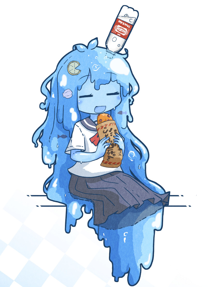 1girl absurdres akihiyo blush_stickers bottle candy eating closed_eyes female_focus fish food fruit highres holding holding_food lemon lemon_slice liquid_hair monster_girl open_mouth original pleated_skirt red_neckwear school_uniform sitting skirt slime_girl solo water