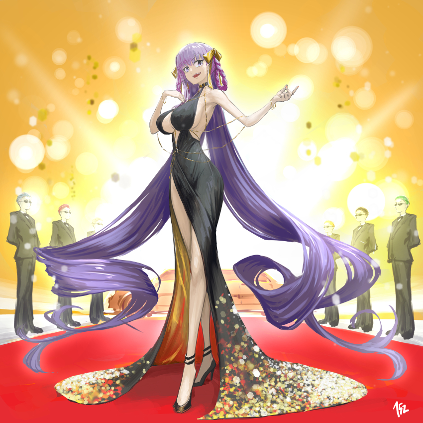 152_in_can 1girl 6+boys absurdres bare_shoulders bb_(fate) bb_dubai_(fate) belly_chain black_dress braid braided_hair_rings breasts center_opening cleavage dress fate/grand_order fate_(series) formal_clothes full_body gold_dress hair_ribbon hair_rings high_heels highres jewelry large_breasts long_hair looking_at_viewer multiple_boys nail_polish necklace open_mouth purple_eyes purple_hair ribbon side_slit sideboob smile suit sunglasses thighs twin_braids two-tone_dress very_long_hair yellow_ribbon