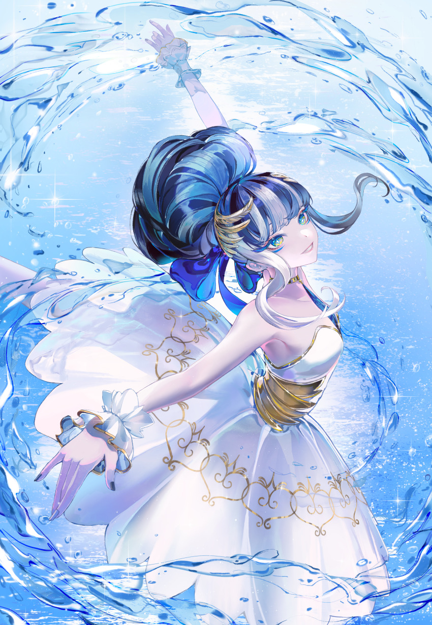 +_+ 1girl absurdres arm_up ballerina ballet bare_shoulders black_hair black_nails blue_background blue_eyeliner blue_eyes breasts cowboy_shot dancing dress eyeliner frilled_wrist_cuffs frills from_side grin hair_bun haruko_qing_zhi highres huge_hair_bun hydrokinesis leg_up long_sidelocks looking_up makeup medium_hair multicolored_hair multicolored_nails outstretched_arms pantyhose short_dress sidelocks small_breasts smile solo sparkle spread_arms standing standing_on_one_leg strapless strapless_dress streaked_hair swan_lake_(takt_op.) takt_op. teeth tutu water white_dress white_hair white_nails white_pantyhose white_wrist_cuffs wrist_cuffs yellow_eyes