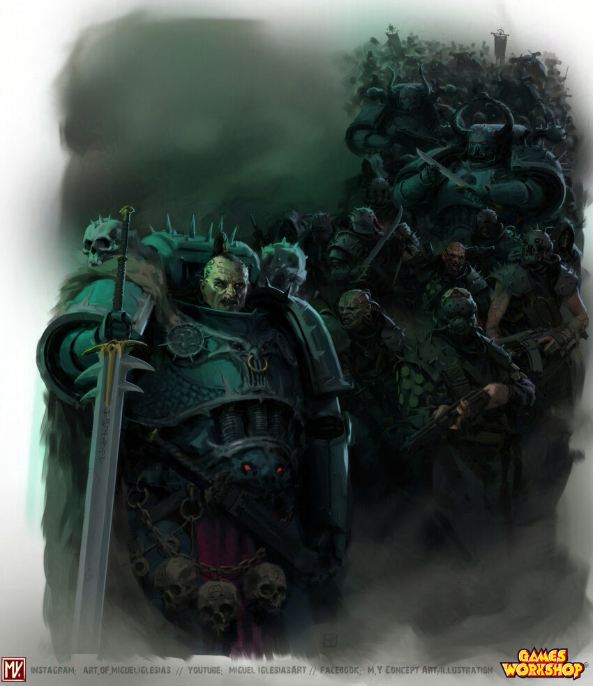 absurdres adeptus_astartes alpha_legion armor artist_logo banner battle_standard black_horns breastplate chain chaos_space_marine commentary company_name english_commentary facebook_username fake_horns full_armor gauntlets glowing glowing_eyes greaves hair_tubes helmet highres holding holding_knife holding_sword holding_weapon horned_helmet horns instagram_username knife logo mask miguel_iglesias open_mouth pauldrons power_armor rebreather red_eyes scabbard sheath sheathed shoulder_armor skull skull_ornament solo spiked_armor spiked_helmet sword tattoo tube vambraces war_banner warhammer_40k watermark weapon web_address yellow_eyes youtube_username