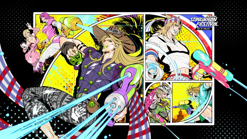 2girls 4boys absurdres adapted_costume aiming animal_print ball beanie black_pants blonde_hair blue_eyes blue_paint blue_shirt breasts brown_gloves brown_hat capelet cosplay cowboy_hat diego_brando dress dual_wielding english_text gloves goggles goggles_on_headwear golden_spiral green_lips green_shorts grin gyro_zeppeli hat highres holding holding_ball holding_water_gun holster hood hood_down hoodie horseshoe_hat_ornament horseshoe_ornament hot_pants_(sbr) ideajkk johnny_joestar jojo_no_kimyou_na_bouken large_breasts leopard_print long_hair lucy_steel makeup mountain_tim multiple_boys multiple_girls pants patrick_star patrick_star_(cosplay) pink_capelet pink_dress pink_hair purple_shirt scary_monsters_(stand) shirt short_hair shorts smile stand_(jojo) steel_ball_(jojo) steel_ball_run water_gun white_hat white_hoodie white_paint white_pants wristband zebra_print