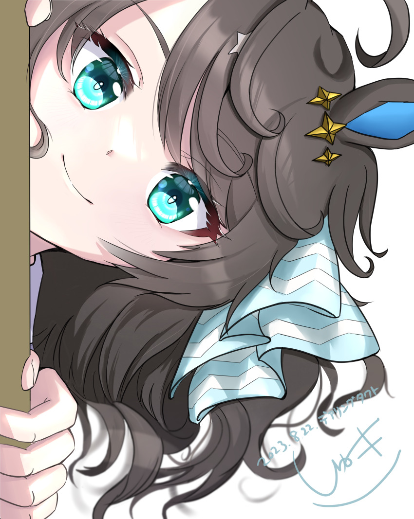 1girl absurdres ahoge animal_ears artist_name blush commentary_request cyan_eyes daring_tact_(umamusume) dated hair_ornament highres horse_ears horse_girl long_hair looking_at_viewer naegi_happy peeking_out school_uniform simple_background smile solo star_(symbol) star_hair_ornament tracen_school_uniform umamusume white_background
