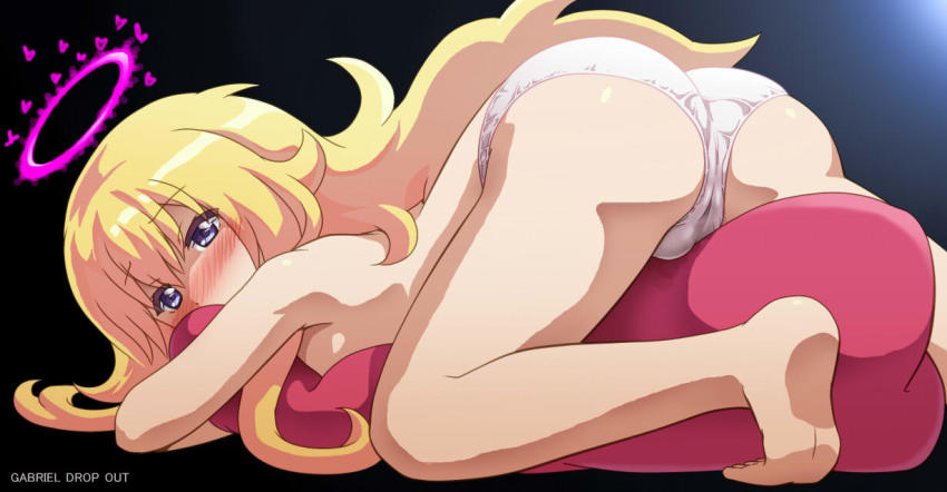 10s 1girl ass awa blonde_hair blue_eyes blush cameltoe female_focus gabriel_dropout gabriel_tenma_white halo panties solo underwear white_panties