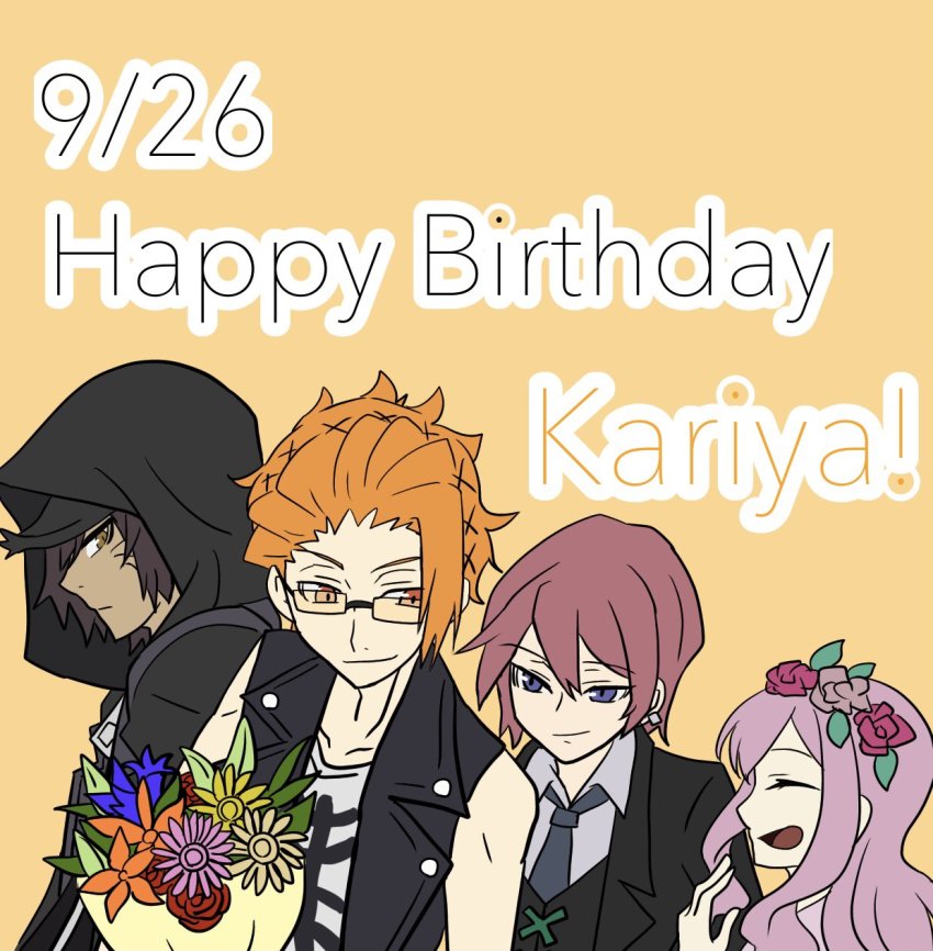 2boys 2girls atarashi_coco baseball_cap black_coat black_hoodie black_suit black_vest blue_eyes bouquet brown_hair closed_eyes closed_mouth coat dark-skinned_male dark_skin dated dress ear_piercing facial_mark facial_mark flower flower_wreath formal_clothes from_side glasses happy_birthday hat highres hood hoodie kariya_koki long_dress matching_hair/eyes minamimoto_sho multiple_boys multiple_girls necktie open_mouth orange_eyes orange_hair piercing pink_hair rectangular_eyewear shin_subarashiki_kono_sekai short_hair smile subarashiki_kono_sekai suit vest whisker_markings yashiro_uzuki zipper_pull_tab