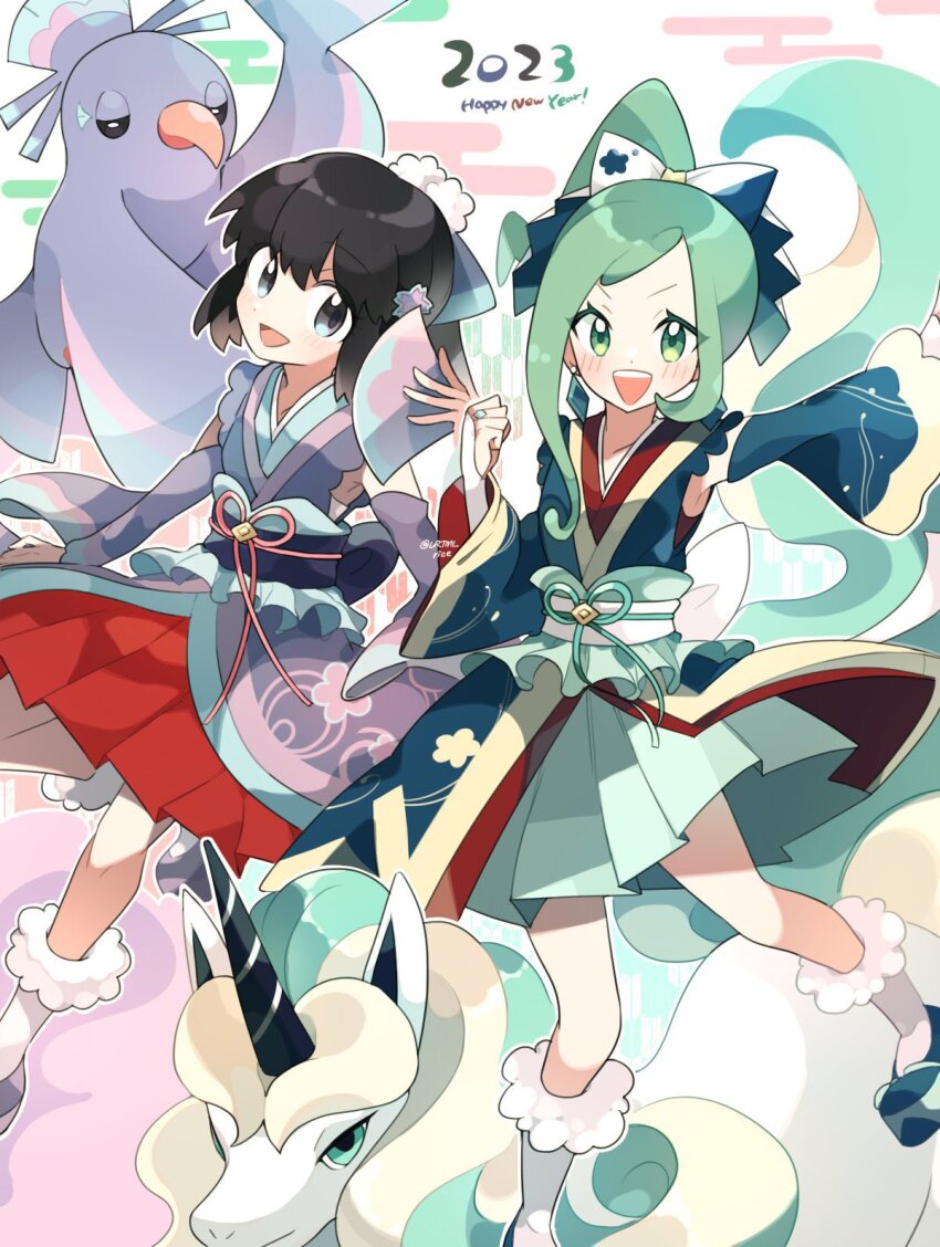 2023 2girls :d alternate_color black_hair blush clear_2758 commentary_request dawn_(new_year&#039;s_2023)_(pokemon) dawn_(pokemon) eyelashes galarian_form galarian_rapidash gen_7_pokemon gen_8_pokemon green_eyes green_hair green_skirt grey_eyes grey_footwear happy_new_year highres japanese_clothes kimono lisia_(new_year&#039;s_2023)_(pokemon) lisia_(pokemon) looking_at_viewer multiple_girls new_year nintendo official_alternate_costume open_mouth oricorio oricorio_(sensu) pleated_skirt pokemon pokemon_(creature) pokemon_masters_ex red_skirt sash shiny_pokemon shoes skirt smile socks teeth tongue upper_teeth_only white_socks