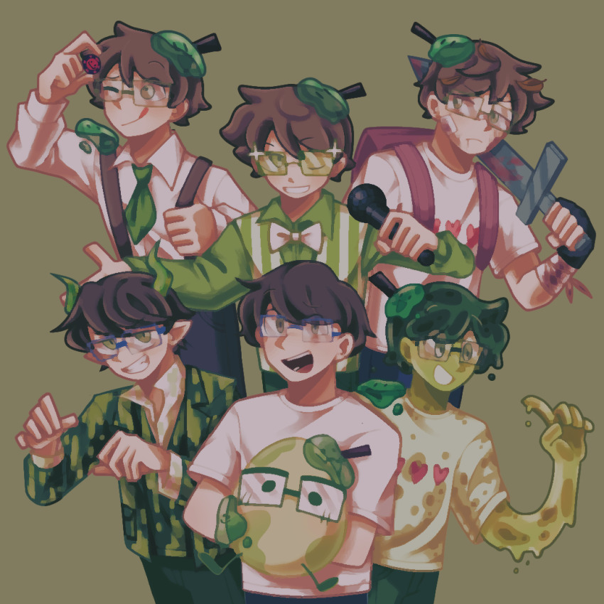 6+boys backpack bag blood bow bowtie brown_hair charlie_(cabin_spirit)_(generation_loss) charlie_(generation_loss) colored_skin commentary creator_and_creation creator_connection crossover dream_smp egg english_commentary formal_clothes gegg generation_loss glasses green_hair green_skin green_theme holding holding_microphone holding_sword holding_weapon horns lilith-biscuits looking_at_viewer male_focus microphone minecraft minecraft_sword minecraft_youtube monster_boy mr._cicle multiple_boys multiple_persona official_alternate_costume one_eye_closed origins_smp pointy_ears poker_chip quackity_smp real_life shirt slime_(substance) slime_boy slimecicle slimecicle_cinematic_universe suit suspenders sword tales_from_the_smp tongue tongue_out weapon white_shirt