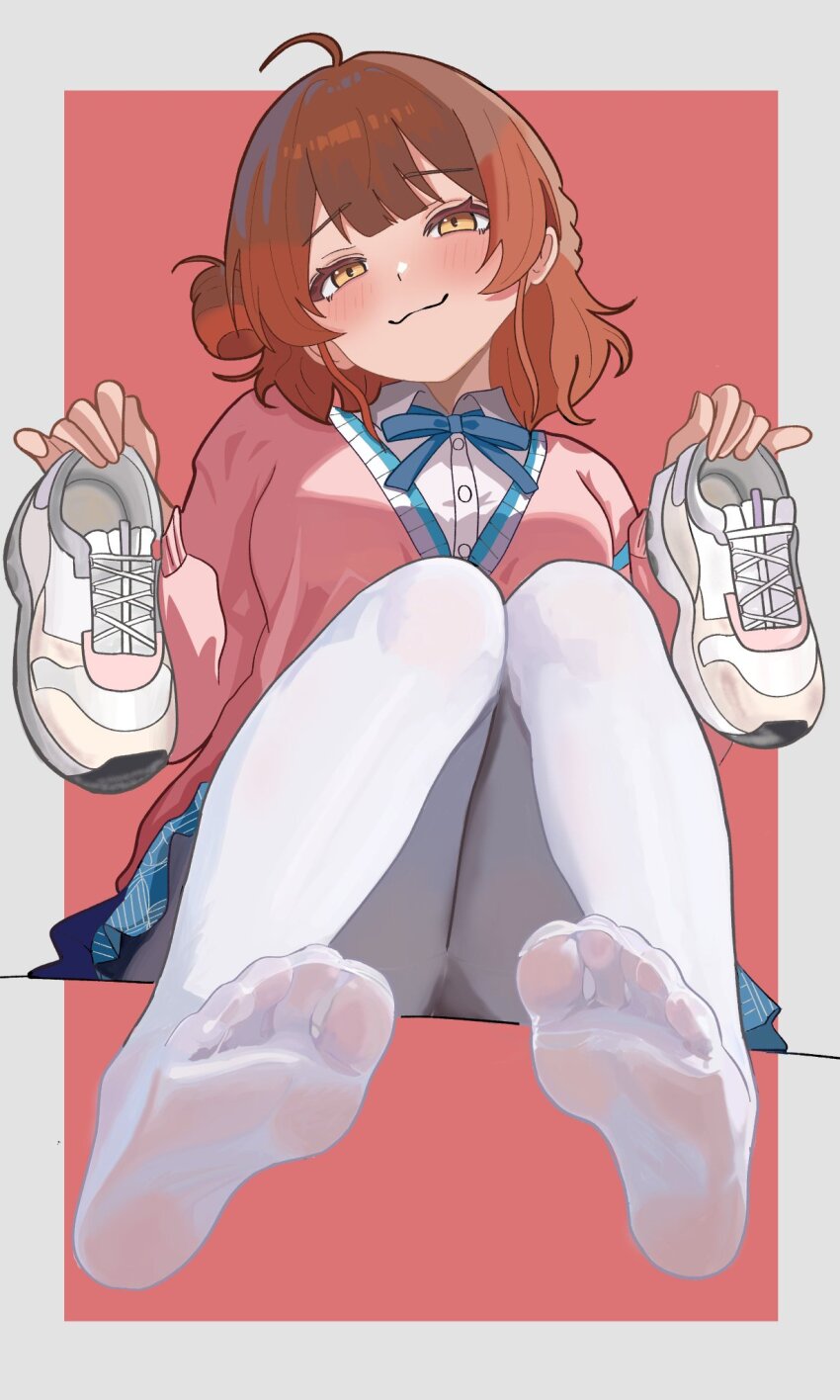 1girl :3 ahoge amashi_2278 blue_ribbon blue_skirt blush border breasts brown_hair cardigan commentary_request gakuen_idolmaster hanami_ume hatsuboshi_gakuen_school_uniform highres holding holding_shoes idolmaster knees_together_feet_apart long_sleeves looking_at_viewer medium_breasts neck_ribbon pantyhose pink_background pink_cardigan ribbon school_uniform shirt shoes simple_background skirt smile soles solo sweat toes unworn_shoes white_border white_pantyhose white_shirt