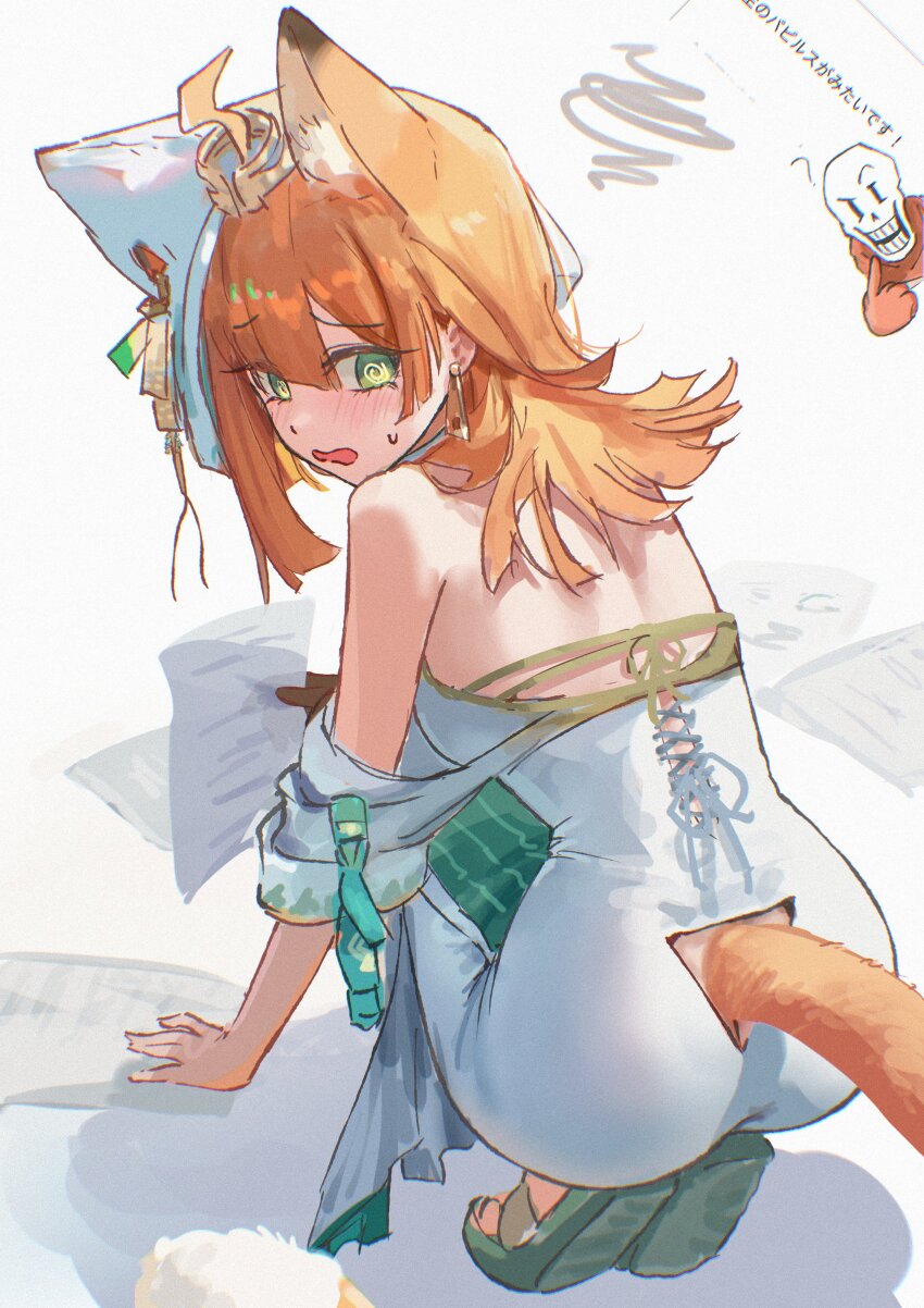 1boy 1girl ? @_@ absurdres ahoge animal_ears arknights bare_shoulders butt_crack cat_ears cat_girl cat_tail commentary_request crossover dress earrings extra_ears full_body green_dress green_sandals hair_between_eyes highres holding holding_paper jewelry long_hair looking_back multicolored_dress open_mouth orange_hair paper papyrus_(arknights) papyrus_(undertale) sandals simple_background skeleton squatting sweatdrop tail translation_request two-tone_dress undertale uof utdr_(toby_fox) white_background white_dress