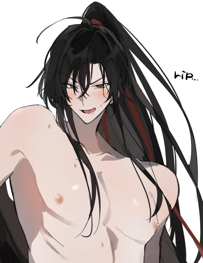 1boy ahoge bishounen black_hair blush collarbone english_text hair_between_eyes hair_ribbon high_ponytail highres long_hair looking_at_viewer male_focus manjuyawaraka modao_zushi nipples non-web_source nude open_mouth pectorals ponytail red_ribbon ribbon saliva sidelocks simple_background solo sweat toned toned_male tongue tongue_out topless_male upper_body very_long_hair wei_wuxian white_background