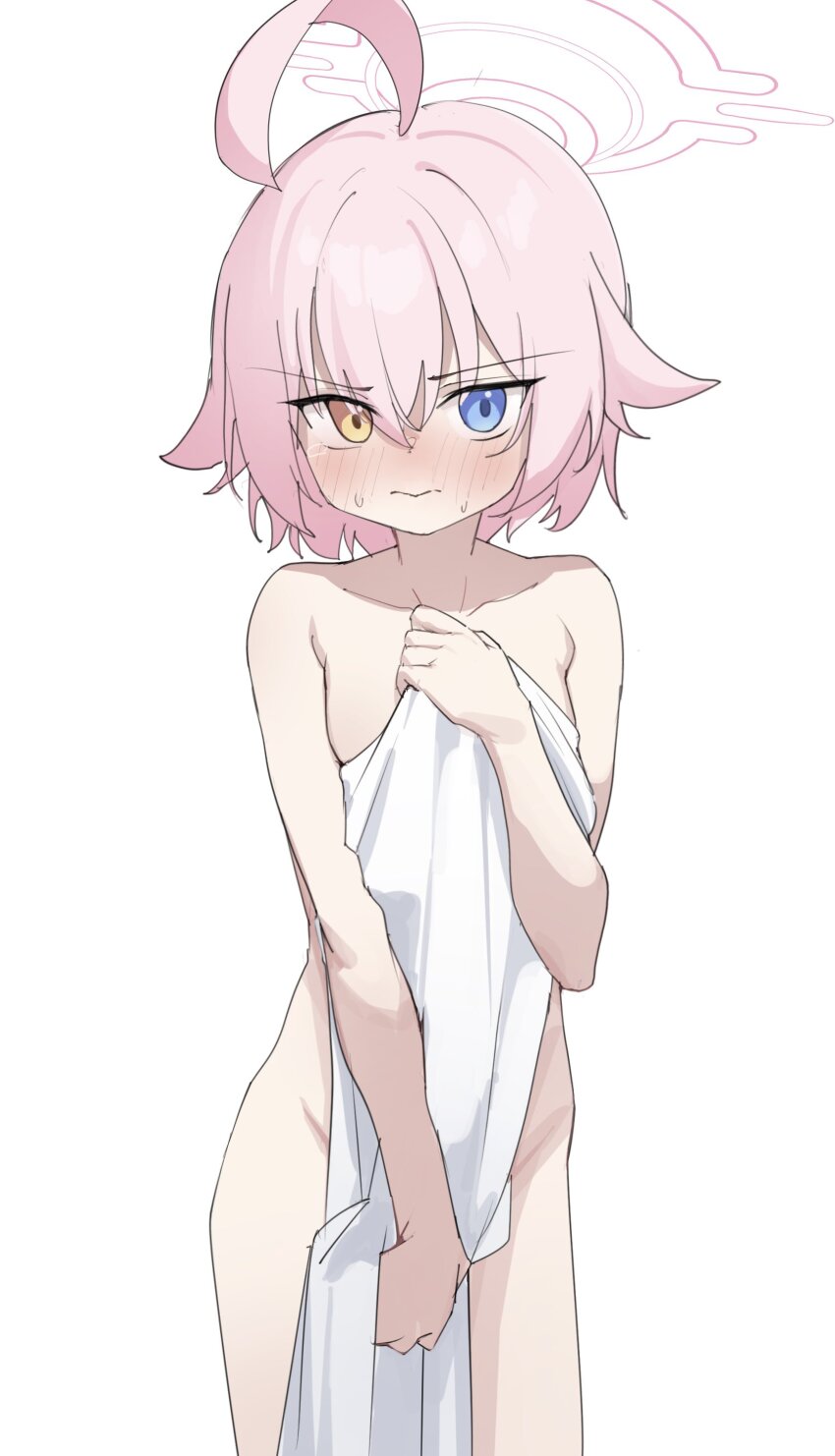 1girl absurdres ahoge arsyky14 blue_archive blush bob_cut embarrassed flat_chest hair_between_eyes halo heterochromia highres holding holding_towel hoshino_(blue_archive) hoshino_(first_year)_(blue_archive) loli nexon nude pink_hair pink_halo short_hair simple_background sweat sweatdrop towel very_short_hair white_background