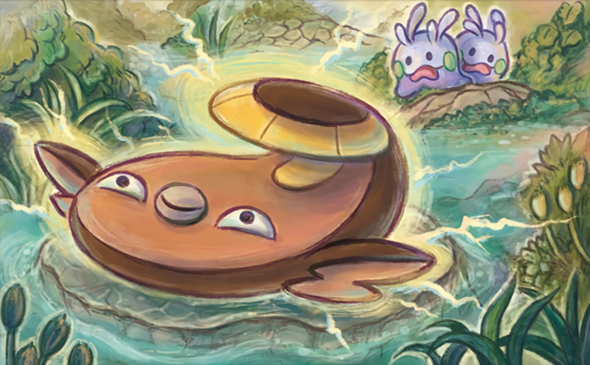 black_eyes closed_mouth creature day electricity fish full_body gen_5_pokemon gen_6_pokemon goomy nintendo no_humans official_art open_mouth outdoors plant pokemon pokemon_(creature) pokemon_tcg smile sowsow standing stunfisk third-party_source water