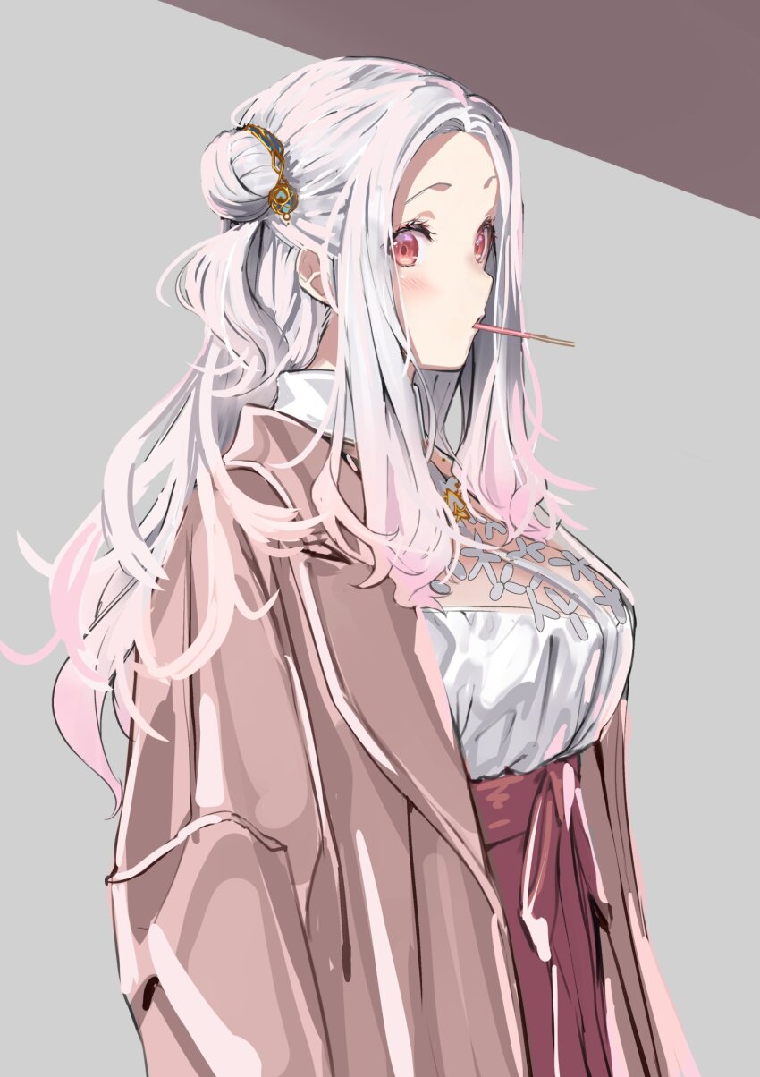 1girl blouse blush breasts brown_coat coat commentary_request from_side gradient_hair grey_background hair_bun hair_ornament hakuchuumu_no_aojashin highres large_breasts long_hair looking_at_viewer looking_to_the_side momonouchi_sumomo multicolored_hair official_art open_clothes open_coat parted_bangs pink_hair pink_skirt profile red_eyes shimofuri shirt sidelocks sideways_glance simple_background single_side_bun skirt solo standing white_hair white_shirt
