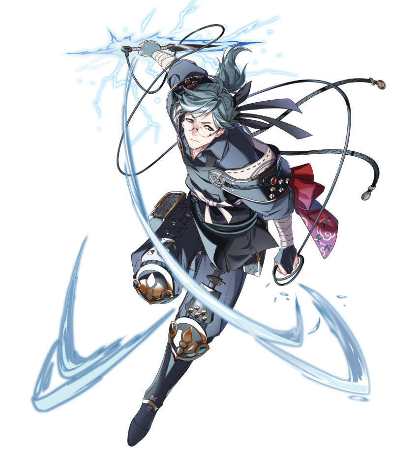 1boy attack bandaged_arm bandages breasts fire_emblem fire_emblem_fates fire_emblem_heroes glasses grey_eyes grey_hair highres japanese_clothes kunai lightning male_focus medium_breasts nintendo non-web_source official_art round_eyewear solo v-shaped_eyebrows weapon yukimura_(fire_emblem)