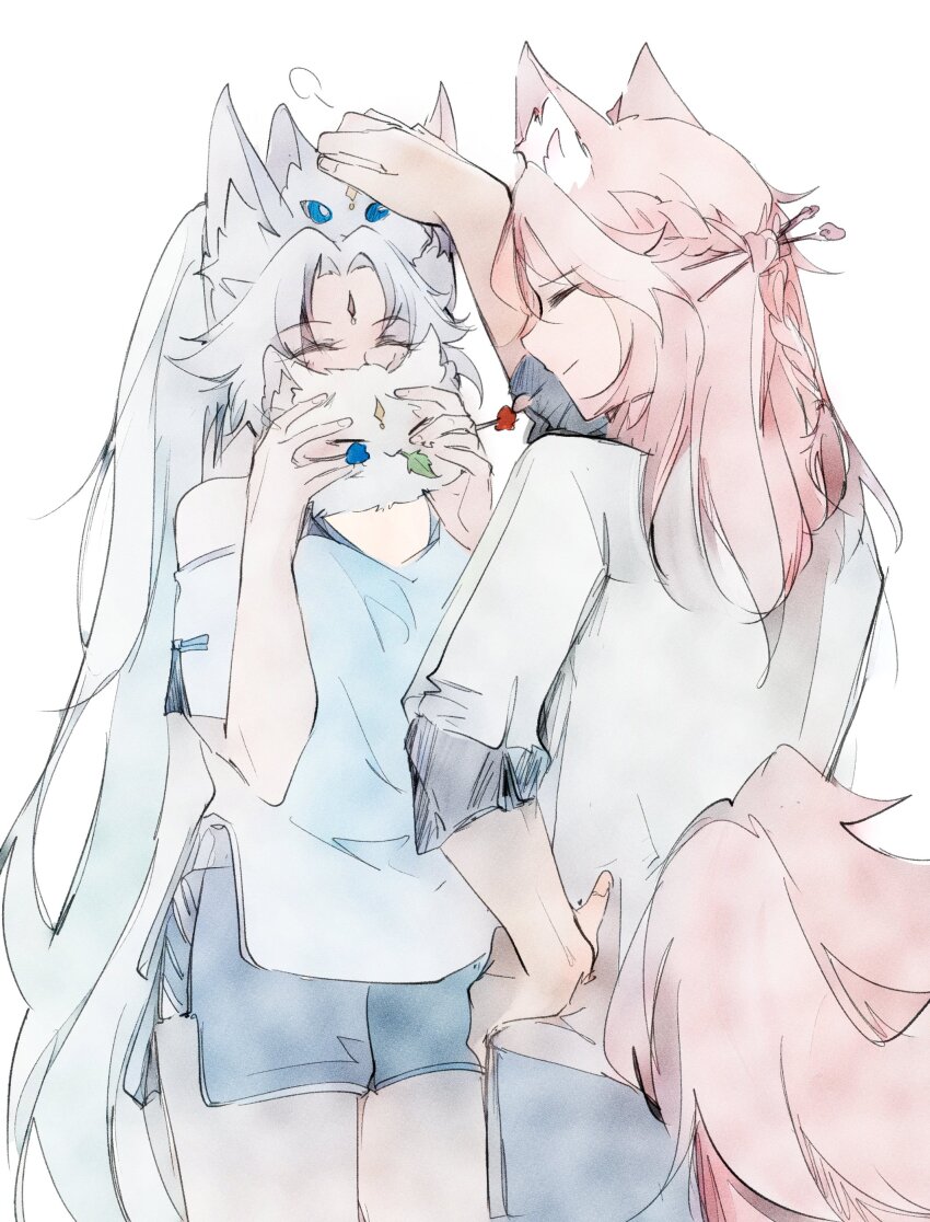 1boy 1girl 403_foebidden absurdres alternate_costume animal_ears closed_eyes couple feixiao_(honkai:_star_rail) fox_boy fox_ears fox_girl fox_tail headpat hetero highres honkai:_star_rail honkai_(series) jiaoqiu_(honkai:_star_rail) long_hair pink_hair shirt short_hair shorts simple_background smile tail white_background white_hair white_shirt