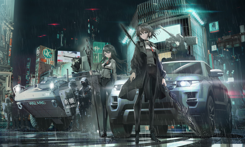 2girls 4boys armored_personnel_carrier armored_vehicle autocannon black_eyes black_footwear black_hair black_jacket black_neckwear black_pants boots breasts building cannon car chain_gun city closed_mouth collared_shirt commentary_request english_text floating_hair grey_eyes grey_shirt gun hair_behind_ear head_tilt highres holding holding_gun holding_lance holding_polearm holding_spear holding_weapon infantry_fighting_vehicle jacket lance long_hair long_sleeves looking_at_viewer medium_breasts motor_vehicle multiple_boys multiple_girls necktie night night_sky open_clothes open_jacket original outdoors pants planetary_rover polearm police rain riot_shield shield shirt short_hair sky spear sports_utility_vehicle standing swav transparent turret urban vehicle_focus weapon