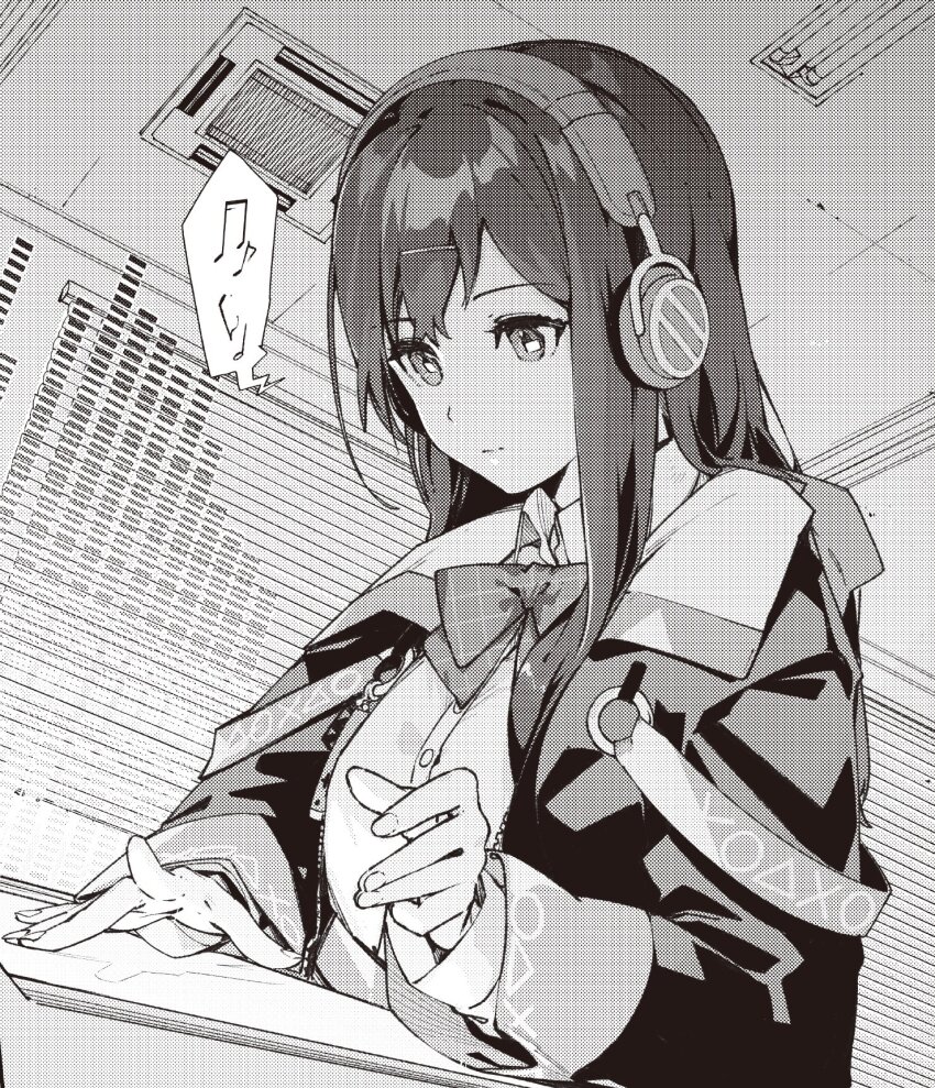 1girl bow bowtie collared_shirt commentary_request denonbu greyscale headphones highres indoors la-na long_hair long_sleeves looking_down monochrome musical_note official_art second-party_source shinonome_kazune shirt solo speech_bubble upper_body
