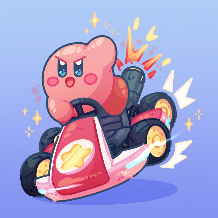 aimaay artist_name blush commentary driving english_commentary go-kart highres holding kirby kirby_(series) mario_(series) mario_kart mario_kart_world nintendo open_mouth smile wheel