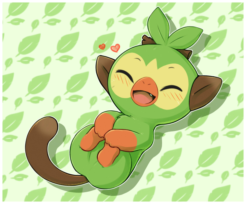 :d absurdres blush closed_eyes colored_skin creatures_(company) facing_viewer fang game_freak gen_8_pokemon green_background green_skin grookey happy heart highres lying nintendo no_humans on_back open_mouth pokemon pokemon_(creature) pudgeruffian smile tail