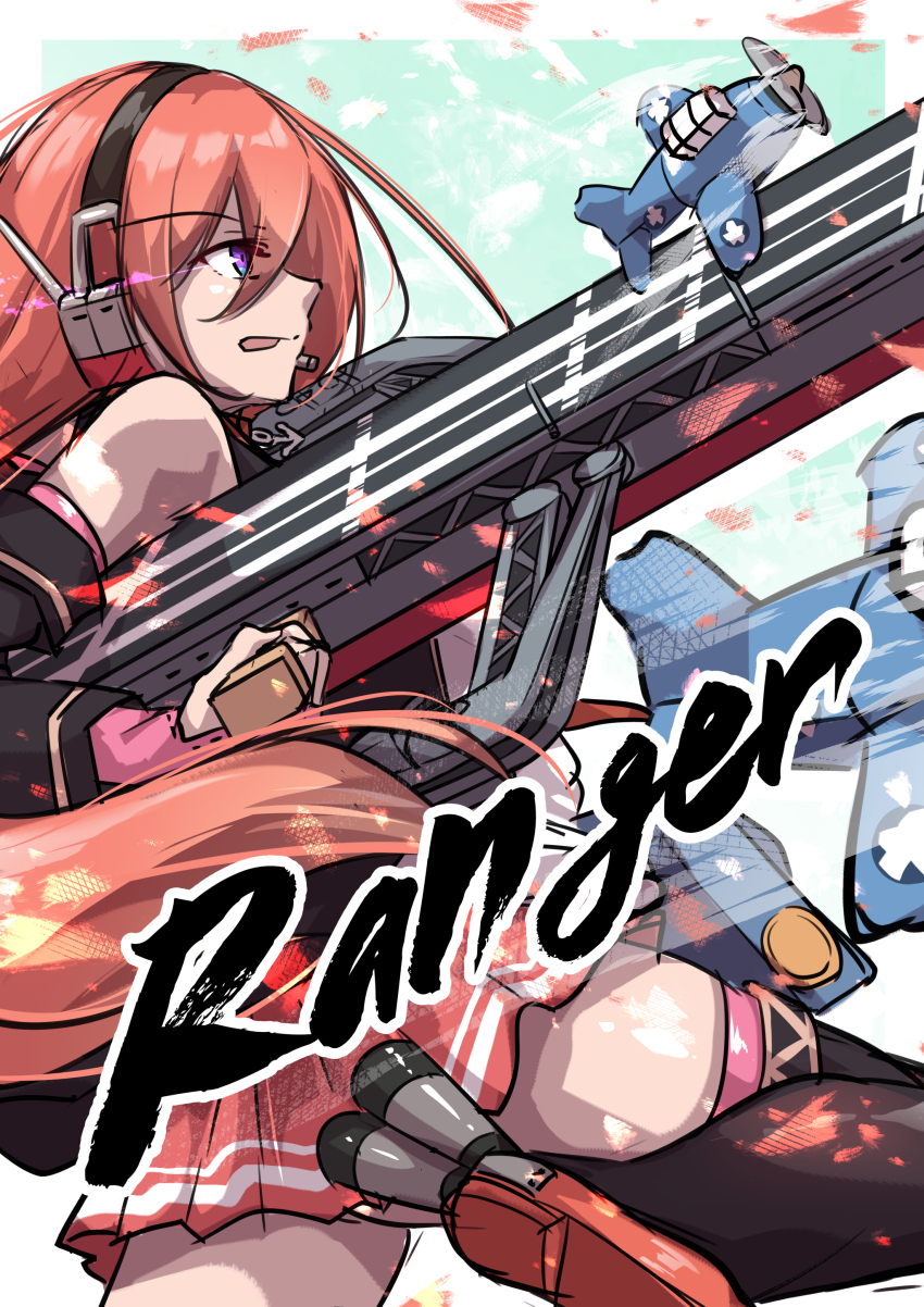 1girl absurdres aircraft azur_lane character_name flight_deck from_side headphones highres licking_lips long_hair oriue_wato purple_eyes ranger_(azur_lane) red_hair red_skirt rigging sketch skirt solo thighhighs tongue tongue_out very_long_hair zettai_ryouiki