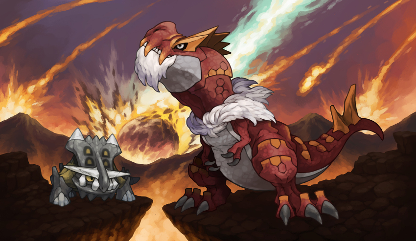 animal_focus bastiodon black_claws black_sclera colored_sclera commentary_request debris dinosaur explosion fangs gen_4_pokemon gen_6_pokemon highres looking_up meteor mountain mountainous_horizon nintendo no_humans pearl7 pokemon pokemon_(creature) pokemon_focus red_scales scales skin_fangs spikes tail tyrantrum white_fur yellow_sclera