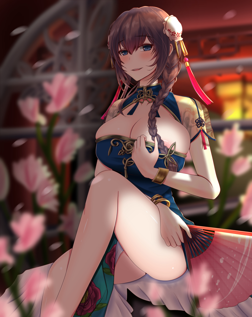 1girl alternate_costume alternate_hairstyle arm_across_waist azur_lane bad_id bad_pixiv_id bangle bare_legs black_legwear blue_dress blue_eyes blush bracelet braid breasts bun_cover chin_gero china_dress chinese_clothes cleavage cleavage_cutout clothing_cutout crossed_ankles curacoa_(azur_lane) curacoa_(eastern_grace)_(azur_lane) double_bun dress flats flower folding_fan full_body gold gold_trim hair_between_eyes hair_bun hair_ornament hand_fan highres holding holding_fan jewelry large_breasts long_hair looking_at_viewer night nipple_slip nipples open_mouth outdoors pelvic_curtain pink_flower purple_hair ship_turret side_braid sidelocks sitting smile solo thighs