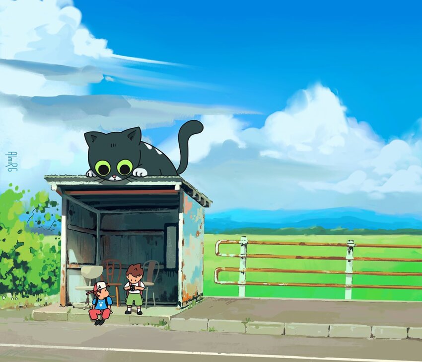 2boys almirgusic animal artist_name blue_shirt blue_sky brown_hair bus_stop bush cat chair cloud corrugated_galvanized_iron_sheet field grass hat holding mountainous_horizon multiple_boys original outdoors pants pavement plant railing red_pants road rust scenery shack shirt short_sleeves shorts sidewalk sky street white_shirt wide_shot