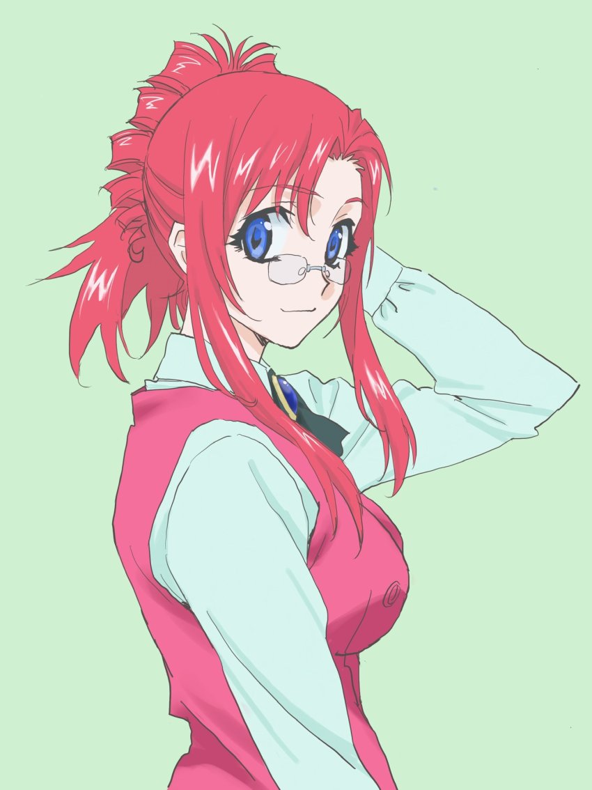 1girl black_bow black_bowtie blue_eyes bow bowtie collared_shirt drill_hair from_side glasses green_background hair_behind_ear highres kazami_mizuho looking_at_viewer onegai_teacher red_hair red_vest shirt smile solo upper_body vest warder2013 white_shirt