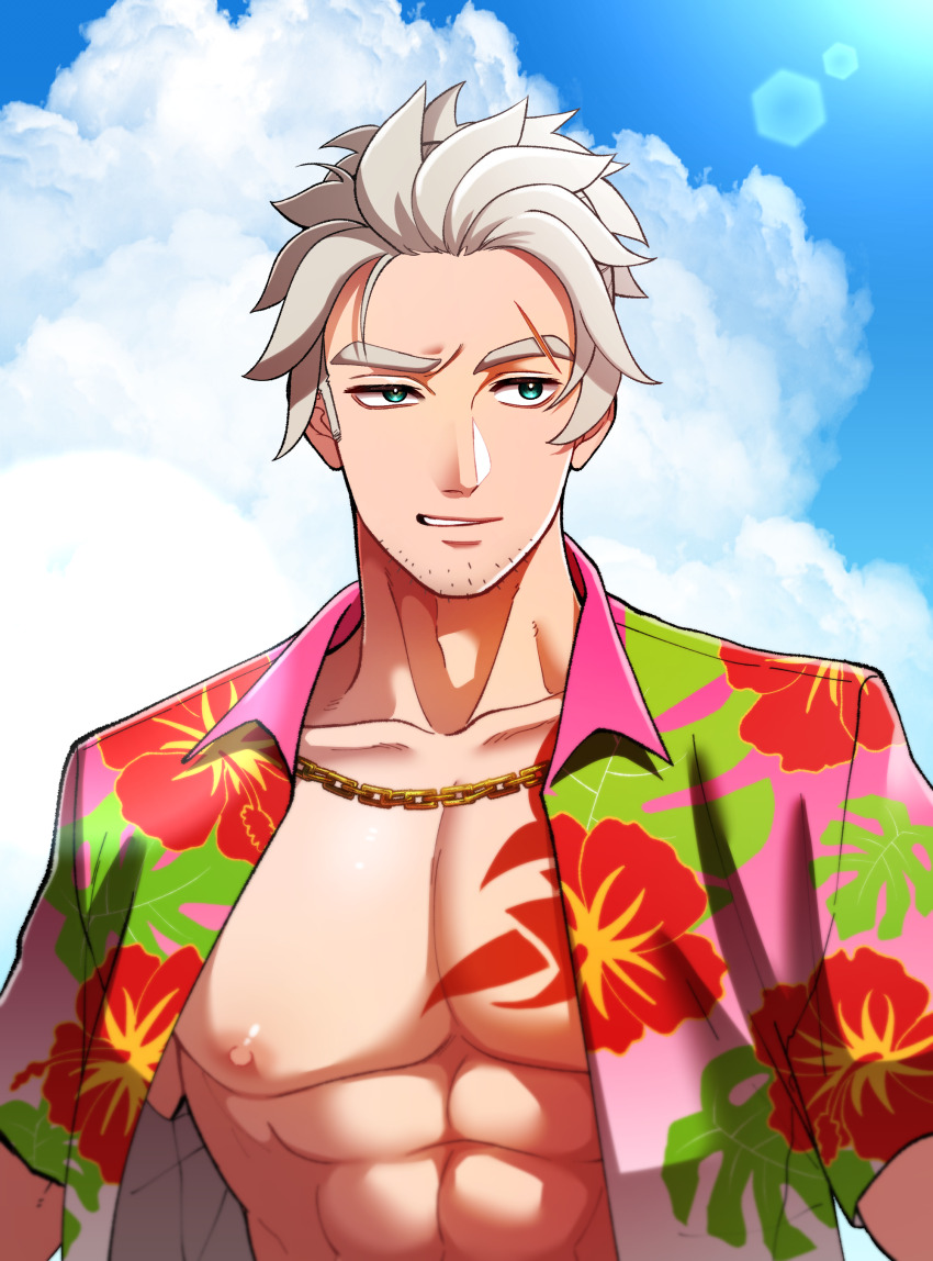 1boy abs absurdres aqua_eyes bare_pectorals blue_sky chain chest_tattoo cloud commentary_request eyebrow_cut facial_hair floral_print goatee_stubble grey_hair highres large_pectorals lens_flare logan_(my_time_at_sandrock) male_focus mugicha_(zoro1132) my_time_at_portia my_time_at_sandrock open_clothes open_shirt pectorals raised_eyebrow sky smile solo stubble tattoo