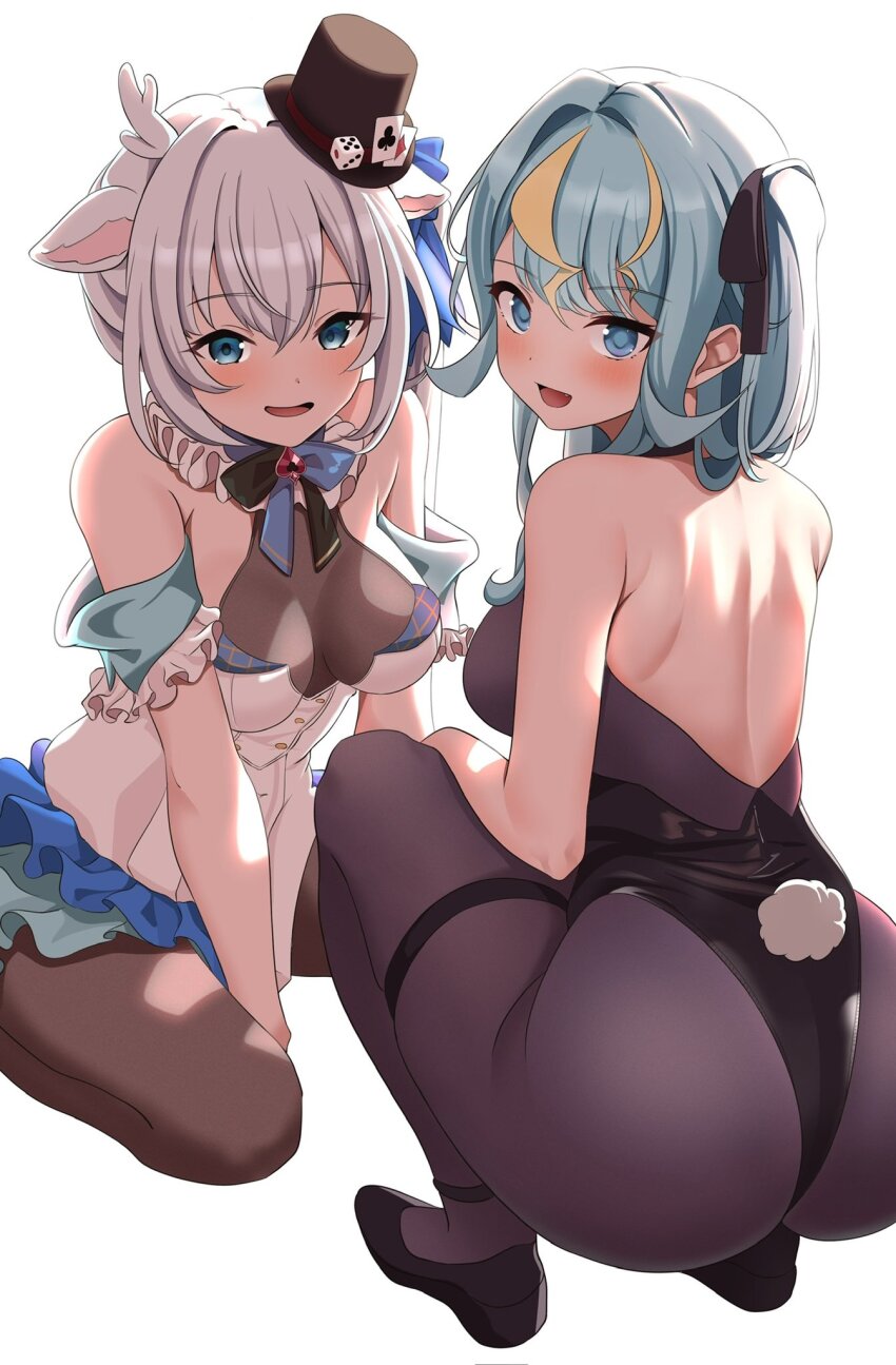 2girls ass blue_eyes blue_hair cosplay costume_switch female_focus hakushika_iori highres huge_ass kaminari_clara leotard looking_back multiple_girls phase_connect phase_connect_jp playboy_bunny rabbit_ears rabbit_tail squatting suzuuchi_tall virtual_youtuber white_hair wide_hips