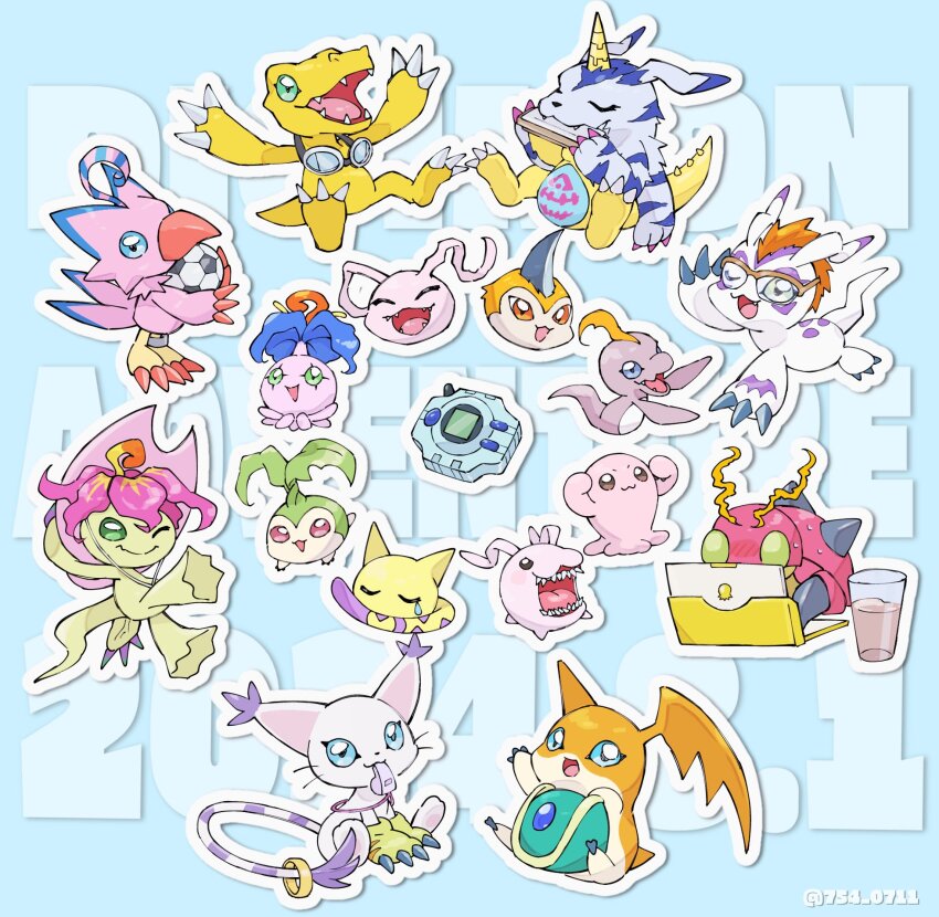 agumon ball bird blue_eyes body_fur cat colored_skin computer copyright_name dated digimon digimon_adventure digimon_day digivice english_text evolutionary_line feathers gabumon glasses goggles goggles_around_neck gomamon green_eyes green_hat harmonica hat highres holding holding_unworn_clothes holding_unworn_hat instrument koromon laptop mochimon nagoshi nyaromon palmon patamon pink_feathers pink_hat pink_skin piyomon pukamon pyocomon reptile sharp_teeth soccer_ball tailmon tanemon teeth tentomon tokomon tunomon unworn_hat unworn_headwear whistle whistle_around_neck white_fur