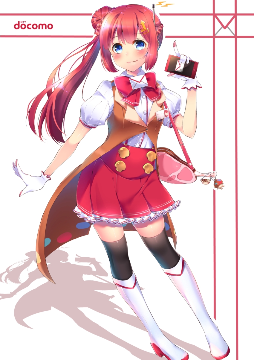 1girl antenna_hair antennae bad_id bad_pixiv_id blue_eyes cellphone english_text female_focus gloves gmail hair_bun highres long_hair navy_(navy.blue) original phone ponytail red_hair single_hair_bun smartphone solo thighhighs white_gloves