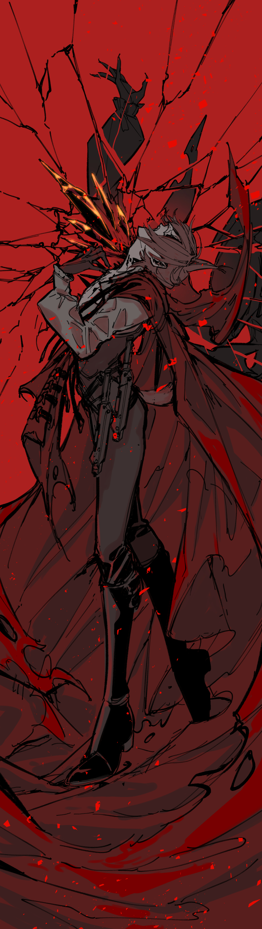 1boy absurdres arknights arm_up black_boots black_pants boots brown_gloves brown_hair cape commentary_request from_side full_body gloves highres knife koryuu_(gackter10) limited_palette male_focus material_growth open_mouth oripathy_lesion_(arknights) pants phantom_(arknights) phantom_(focus)_(arknights) profile reaching red_background red_cape red_theme sheath sheathed shirt short_hair shouting simple_background solo thigh_boots white_shirt