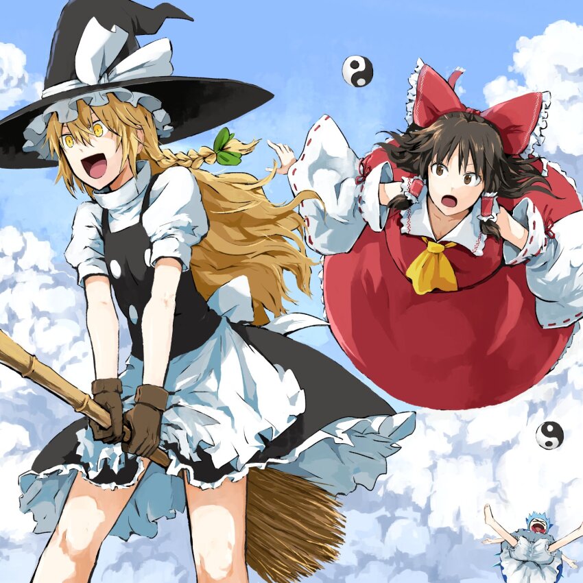 &gt;_&lt; 3girls :d ascot black_hat blonde_hair bloomers blue_dress blue_hair bow braid broom broom_riding brown_eyes cirno cloud commentary detached_sleeves dress flying hair_bow hair_tubes hakurei_reimu hat highres kirisame_marisa midair multiple_girls open_mouth orb outstretched_arms pageratta red_bow ribbon-trimmed_sleeves ribbon_trim side_braid skirt skirt_set smile touhou underwear white_bloomers witch_hat xd yellow_ascot yellow_eyes yin_yang yin_yang_orb