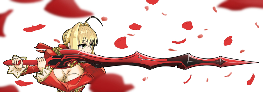 1girl ahoge blonde_hair braid breasts etoneco falling_petals fate/extra fate_(series) green_eyes hair_bun hair_intakes highres holding holding_sword holding_weapon long_sleeves looking_to_the_side medium_breasts nero_claudius_(fate) petals sidelocks solo sword upper_body weapon