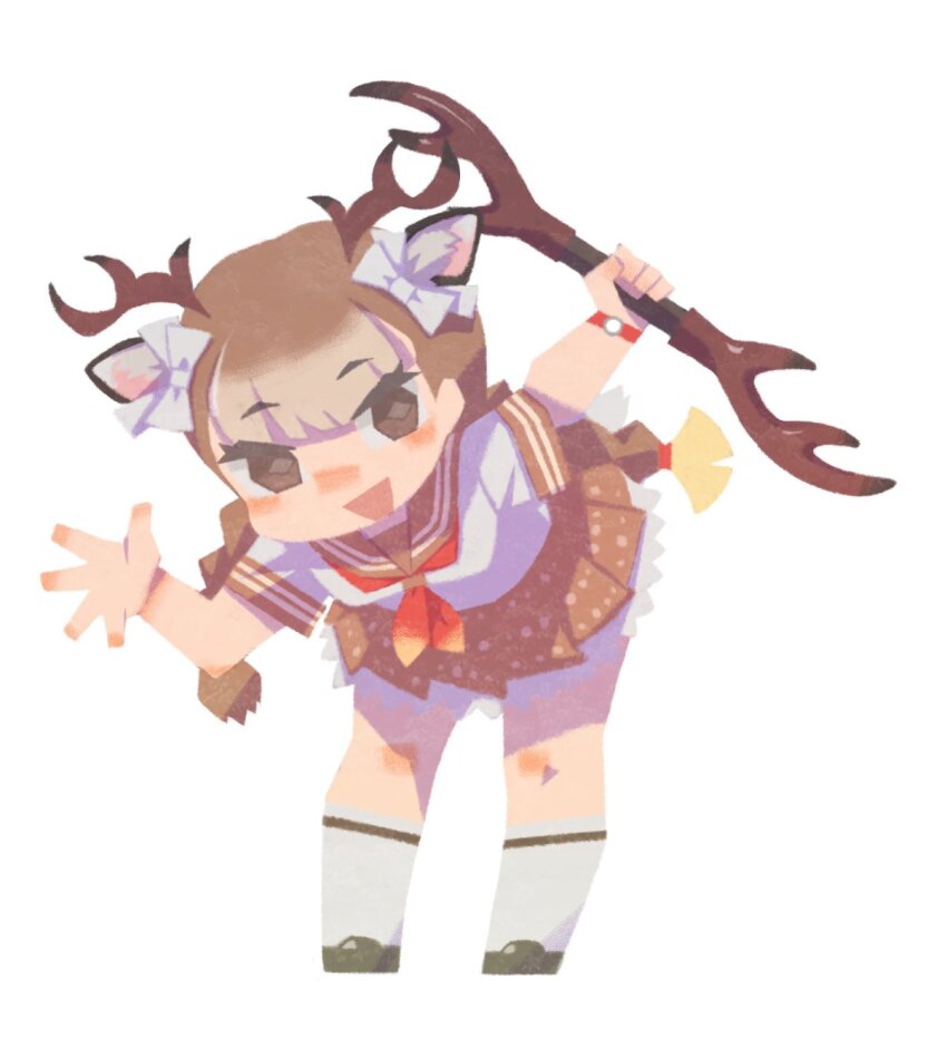 1girl animal_ears antlers black_shoes bow braid brown_eyes brown_hair brown_skirt brown_trim deer_antlers deer_ears deer_girl deer_print extra_ears frilled_skirt frills full_body hair_between_eyes hair_bow highres holding holding_weapon horns kemono_friends long_hair looking_at_viewer multicolored_hair necktie pleated_skirt print_skirt red_necktie rinx school_uniform serafuku shirt shoes short_sleeves sidelocks sika_deer_(kemono_friends) skirt socks solo t-shirt twin_braids waving weapon white_shirt white_socks