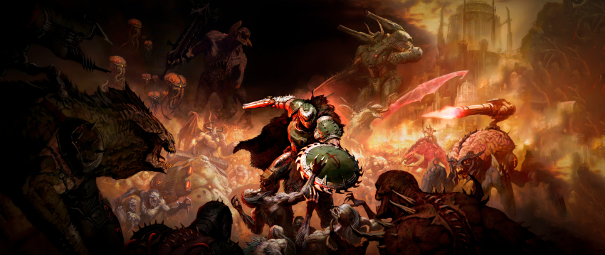 1boy absurdres arachnotron armor artist_request atlan_(doom_eternal) battle black_cape brain cape chainmail claws demon doom:_the_dark_ages doom_(series) doom_hunter doomguy double-barreled_shotgun exposed_brain extra_eyes firing fortress fur_cape gatling_gun green_armor gun hell_knight highres holding holding_gun holding_shield holding_weapon horns imp_(doom) mancubus mark_of_the_doom_slayer mecha minigun non-web_source riding robot sharp_teeth shield shotgun shoulder_cannon solo_focus source_request spiked_armor spikes teeth titan_(doom) weapon wings