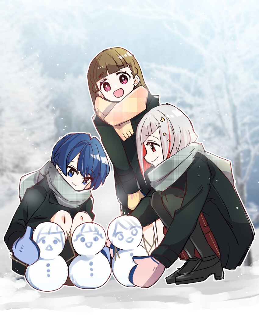 3girls :&lt; :d black_coat black_pantyhose black_shoes blue_eyes blue_hair blunt_bangs bob_cut braid brown_dress brown_hair character_snowman closed_mouth coat colored_inner_hair commentary_request d: diagonal_bangs dollchestra dress grey_hair grey_scarf hair_ornament hasu_no_sora_school_uniform highres inverted_bob kachimachi_kosuzu kanduki_kamibukuro leaning_forward light_particles link!_like!_love_live! long_hair long_sleeves love_live! medium_dress mittens multicolored_hair multiple_girls murano_sayaka o_o open_mouth orange_scarf outdoors outline pantyhose pink_eyes pink_mittens plaid_clothes plaid_scarf pleated_dress red_eyes red_hair sailor_dress scarf school_uniform shoes short_hair side_braids smile snowman squatting star_(symbol) star_hair_ornament straight_hair streaked_hair triangle_mouth virtual_youtuber white_outline winter winter_uniform yugiri_tsuzuri