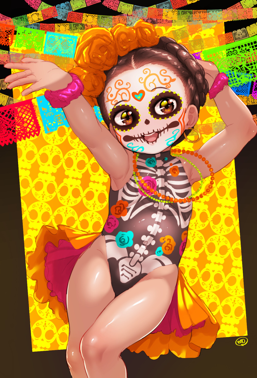 1girl arms_up black_hair black_leotard born-to-die braid brown_eyes calavera dancing dia_de_muertos earrings facepaint facial_mark flat_chest floral_print flower forehead_mark hair_flower hair_ornament halloween halloween_costume heart heart_facial_mark highres hoop_earrings jewelry leotard loli looking_at_viewer necklace open_mouth orange_background orange_flower orange_skirt original pearl_necklace print_leotard scrunchie short_hair showgirl_skirt skeleton_print skirt skull skull_facepaint smile standing string_of_flags teeth wrist_scrunchie