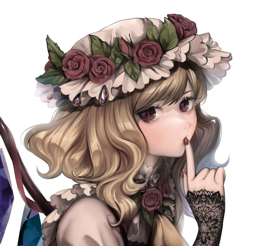 1girl blonde_hair bloom crystal embellished_costume eyebrows_hidden_by_hair finger_to_mouth fingernails flandre_scarlet flower hand_up hat hat_flower highres index_finger_raised looking_at_viewer medium_hair miyako_yamamoto mob_cap nail_polish portrait red_eyes red_flower red_nails red_rose rose simple_background slit_pupils solo swept_bangs touhou upper_body white_background wings