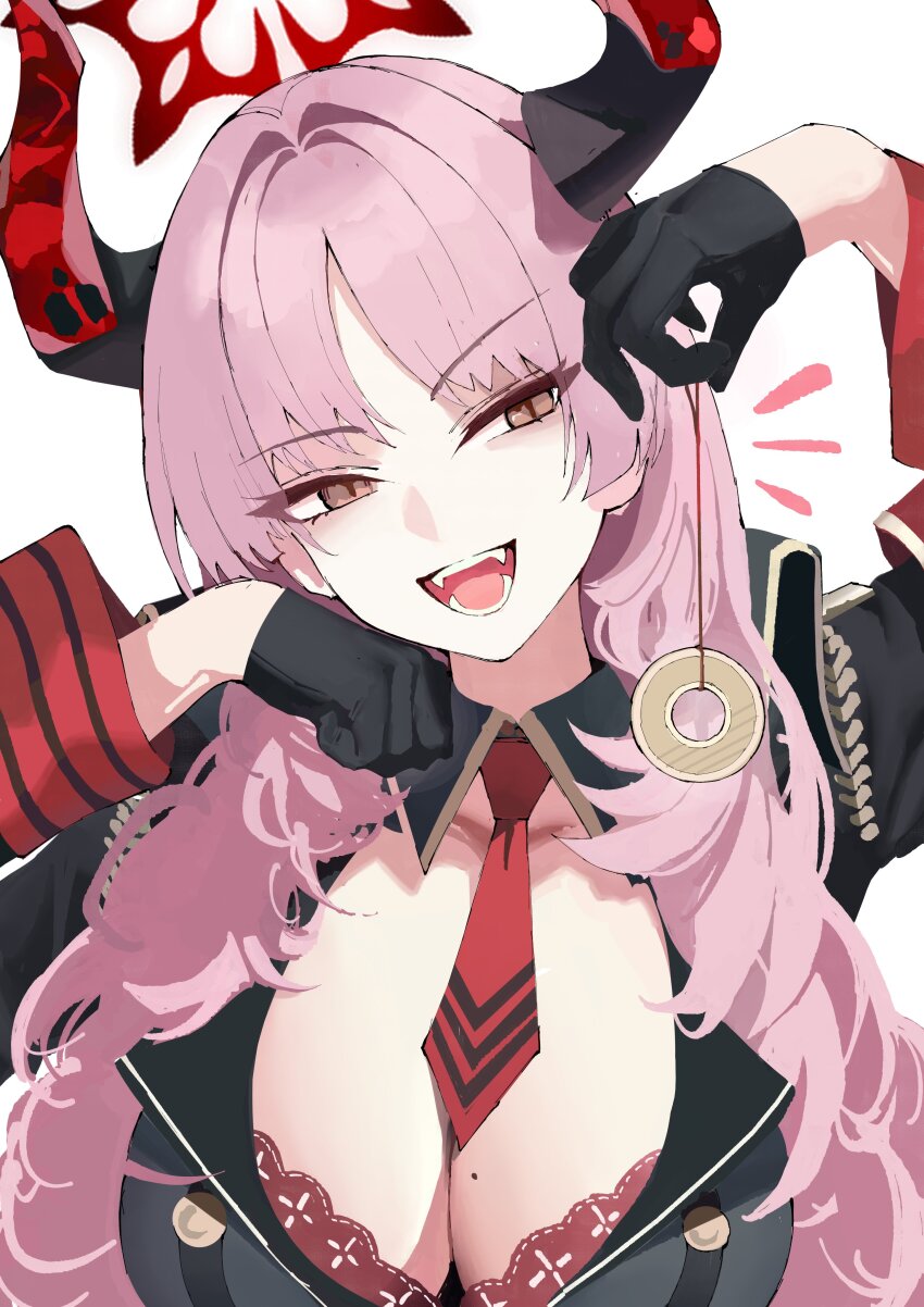 1girl absurdres between_breasts blue_archive bra bra_peek breasts coin coin_on_string djan highres holding holding_pendulum holed_coin horns mole mole_on_breast multicolored_horns necktie necktie_between_breasts pendulum red_bra red_horns red_necktie red_wrist_cuffs satsuki_(blue_archive) solo two-tone_horns underwear upper_body wrist_cuffs
