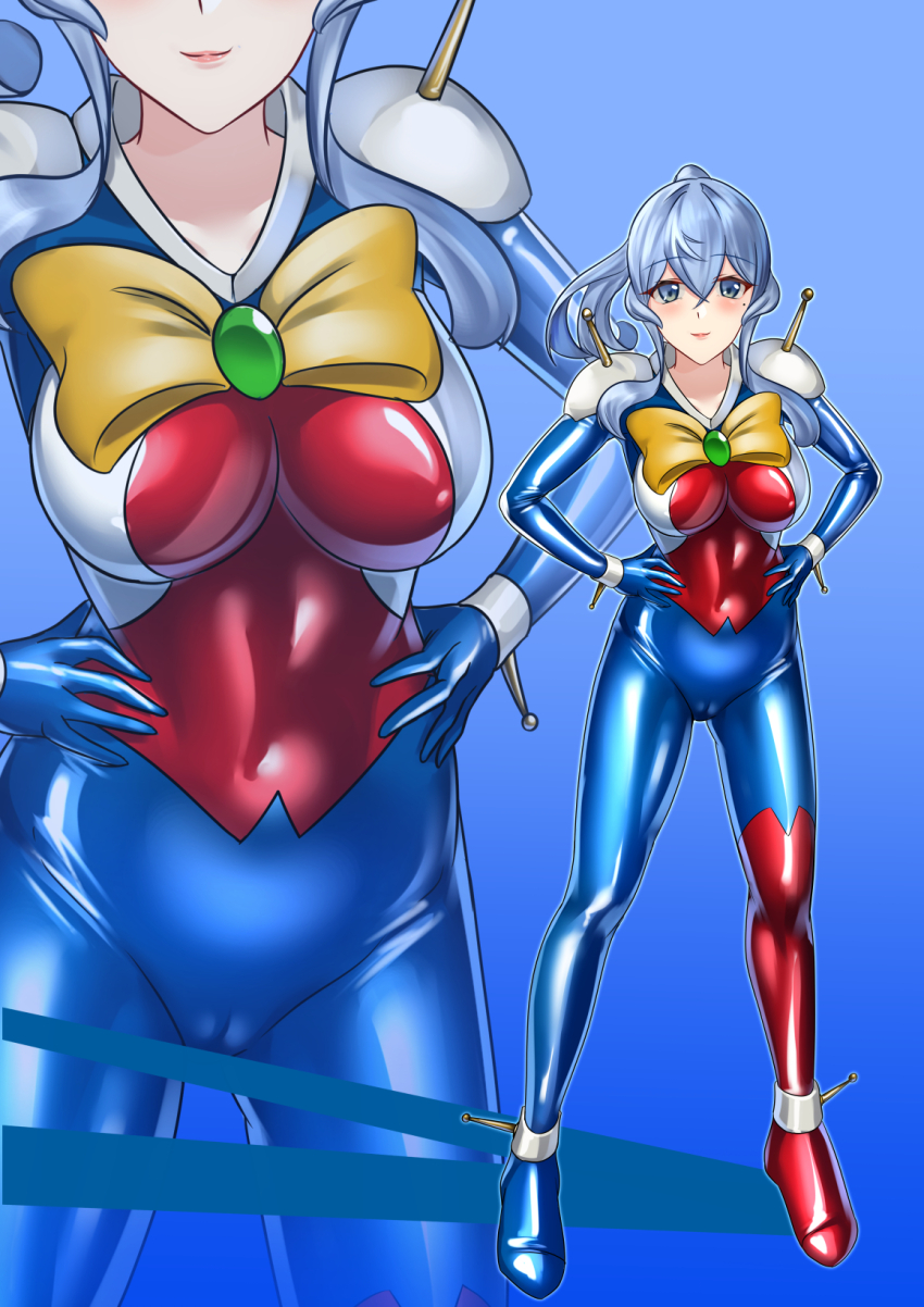 1girl blue_background blue_bodysuit blue_eyes blue_hair bodysuit breasts cameltoe g_gundam gotland_(kancolle) gundam hair_between_eyes highres kantai_collection large_breasts long_hair mecha_pilot_suit mobile_trace_suit mole mole_under_eye red_bodysuit shiny_clothes skin_tight smile two-tone_bodysuit wata_nuki zoom_layer