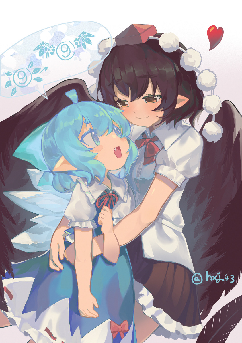 2girls :d absurdres ahoge arm_at_side bird_wings black_hair black_skirt black_wings blouse blue_bow blue_dress blue_eyes blue_hair blush blush_stickers bob_cut bow bowtie brown_eyes center_frills cirno closed_mouth collared_shirt colored_eyelashes couple cowboy_shot dress eye_contact eyebrows_hidden_by_hair fang feathered_wings feathers film_grain frilled_shirt frilled_shirt_collar frilled_skirt frilled_sleeves frills from_side gradient_background hair_between_eyes hair_bow hand_on_another&#039;s_hip hand_up hat heart height_difference highres hug hxj_(2324184595) ice ice_wings large_bow locked_arms looking_at_another looking_up miniskirt multiple_girls narrowed_eyes neck_ribbon open_mouth pleated_skirt pointy_ears pom_pom_(clothes) puffy_short_sleeves puffy_sleeves purple_background red_bow red_bowtie red_headwear red_ribbon ribbon ribbon_trim shameimaru_aya shirt short_eyebrows short_hair short_sleeves skirt smile speech_bubble split_mouth standing thick_eyebrows thick_eyelashes tokin_hat touhou twitter_username waist_hug white_shirt wing_collar wings yuri