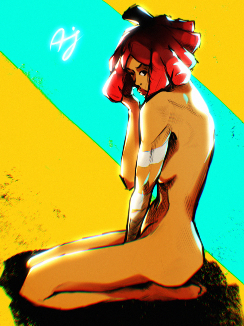 applesauce_jack bandages black_eyes cherry_hunter dreadlocks highres kneeling looking_at_viewer pinup_pose red_hair red_lips streets_of_rage streets_of_rage_4