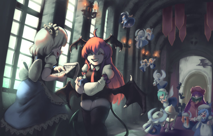 &gt;_&lt; 6+girls :o ^_^ apron arch banner bat_wings black_hairband black_skirt black_thighhighs black_vest blonde_hair blue_dress blue_eyes blurry book broom broom_riding candle cart closed_eyes commentary commission crossed_bangs demon_girl demon_tail depth_of_field dress english_commentary faceless fairy_maid_(touhou) fairy_wings falling feet_out_of_frame from_behind frown grin hair_over_one_eye hairband hat head_wings highres holding holding_book holding_notepad izayoi_sakuya kirisame_marisa koakuma long_hair maid_apron maid_headdress mob_cap multiple_girls namenloose necktie notepad open_book open_mouth own_hands_together patchouli_knowledge pink_hat pink_robe pointing puffy_short_sleeves puffy_sleeves purple_hair reading red_hair red_lips red_necktie robe serving_dome shirt short_hair short_sleeves shouting sidelighting silhouette skirt sleeveless sleeveless_dress smile stone_wall tail thick_thighs thighhighs thighs touhou translation_request very_long_hair vest when_you_see_it white_hair white_hat white_shirt window wings zettai_ryouiki