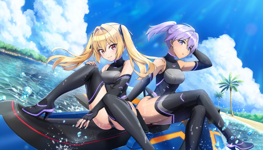 2girls ass bare_shoulders black_gloves black_ribbon blonde_hair blue_eyes boots breasts dolphin_wave elbow_gloves fingerless_gloves framed_breasts game_cg gloves hair_ribbon high_heel_boots high_heels highres kazami_ellen kazami_uniform long_hair looking_at_viewer medium_breasts multiple_girls non-web_source official_art ootomo_takuji outdoors palm_tree ponytail purple_hair red_eyes ribbon sitting smile souma_hayate thigh_boots tree twintails water_drop