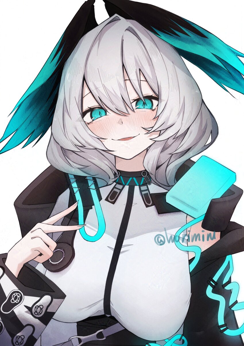 1girl absurdres adversarial_noise aqua_eyes arknights blush breasts commentary fingernails grey_hair hair_between_eyes head_wings highres ho&#039;olheyak_(arknights) infection_monitor_(arknights) large_breasts long_sleeves looking_at_viewer medium_hair shirt simple_background solo twitter_username upper_body v watermark white_background white_shirt wings worimehl