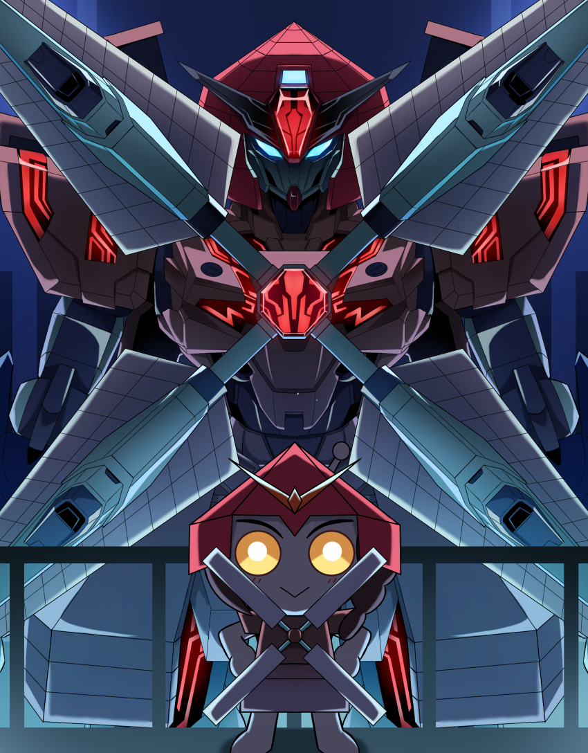 absurdres blue_eyes chibi crossover fusion g_gundam glowing glowing_eyes gundam gundam_calibarn gundam_suisei_no_majo hangar highres looking_at_viewer mecha mecha_focus mobile_suit nether_gundam robot science_fiction smile standing upper_body v-fin windmill yellow_eyes zerokun135