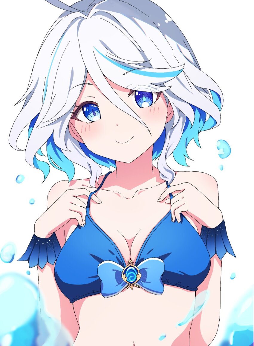 1girl adjusting_clothes adjusting_swimsuit ahoge bare_shoulders bikini blue_bikini blue_bow blue_eyes blue_hair blue_wrist_cuffs blurry blush bow bow_bikini breasts cleavage closed_mouth collarbone colored_inner_hair commentary_request depth_of_field double-parted_bangs drop-shaped_pupils eyes_visible_through_hair furina_(genshin_impact) genshin_impact hair_between_eyes hair_intakes halterneck hands_up highres medium_breasts medium_hair mismatched_pupils multicolored_hair navel poteto_furai simple_background smile solo split_mouth streaked_hair swimsuit symbol-shaped_pupils two-tone_hair upper_body water_drop white_background white_hair wrist_cuffs
